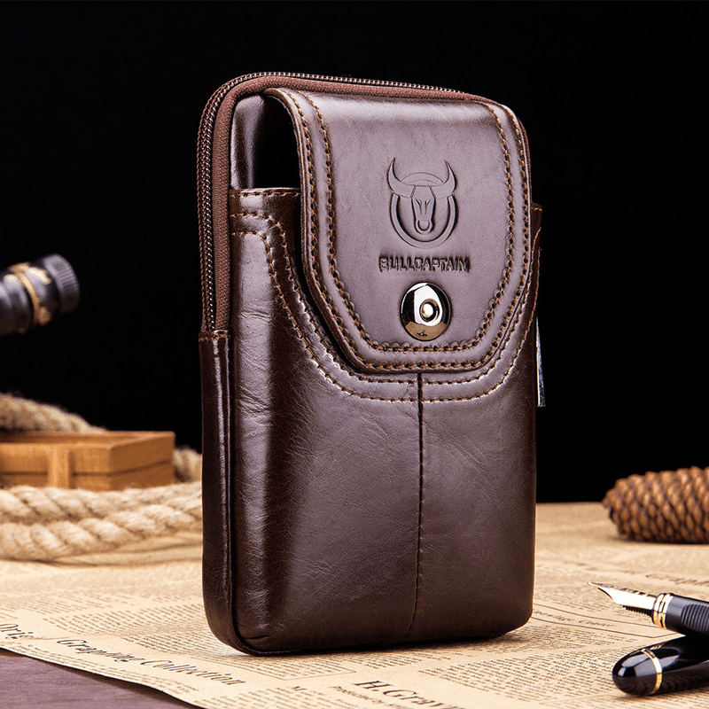 Bullcaptain Men Genuine Leather 5.5 Inch Phone Bag Waist Bag Business Bag - MRSLM