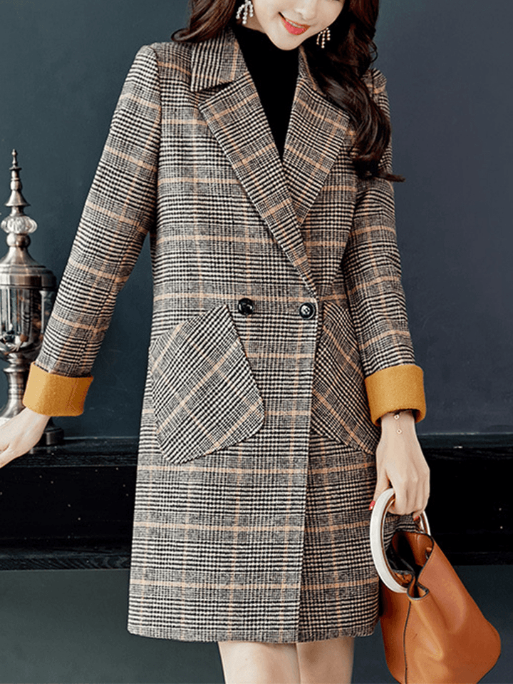 Women Classic Plaid Double Breasted Long Sleeve Coat with Pocket - MRSLM
