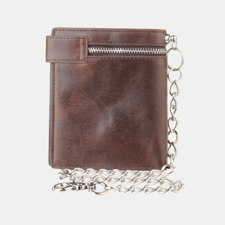 Men Genuine Leather RFID Solid Color Business Retro Personality Style Multi-Slot Card Holder Wallet with Chain Cross - MRSLM