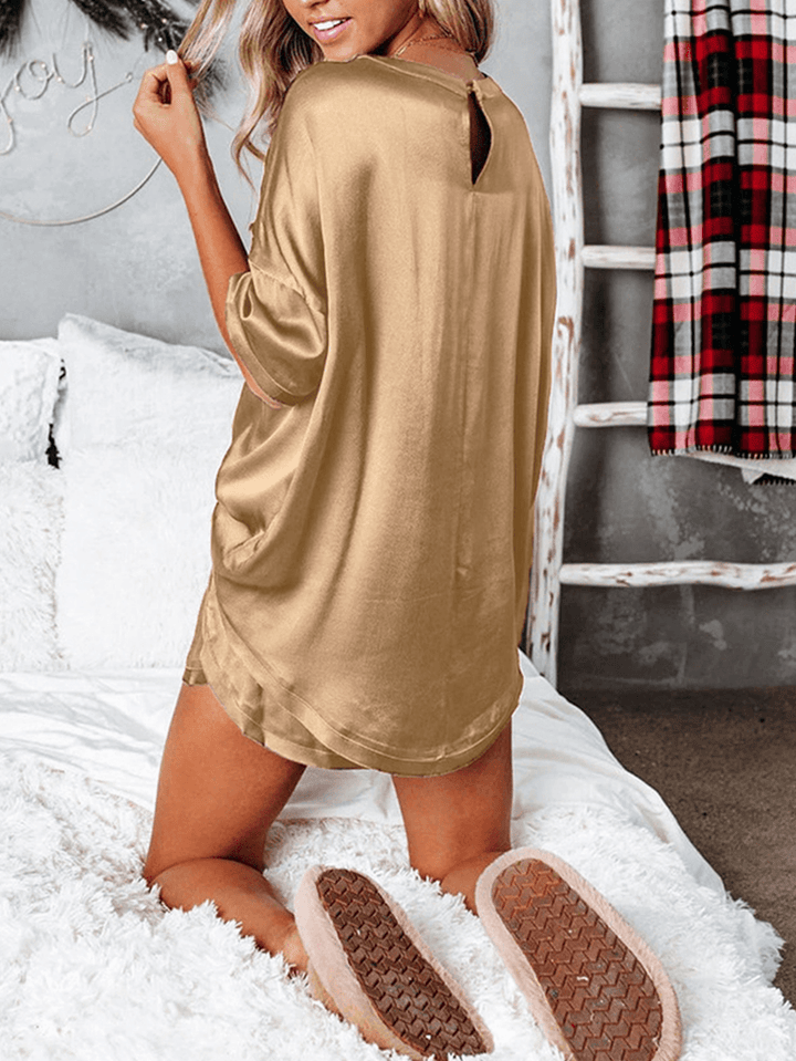 Women O-Neck Elastic Waist Solid Fittingthigh Length Pajama Sets - MRSLM