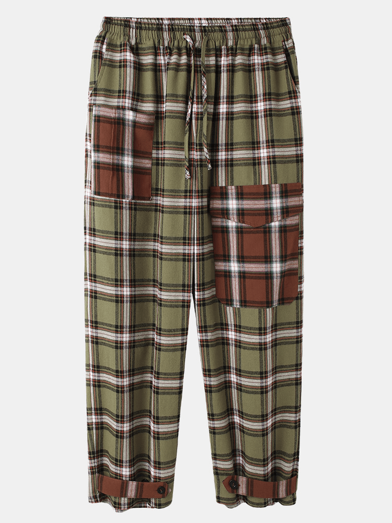 Mens Cotton Plaid Patchwork Loose Casual Drawstring Pants with Pocket - MRSLM