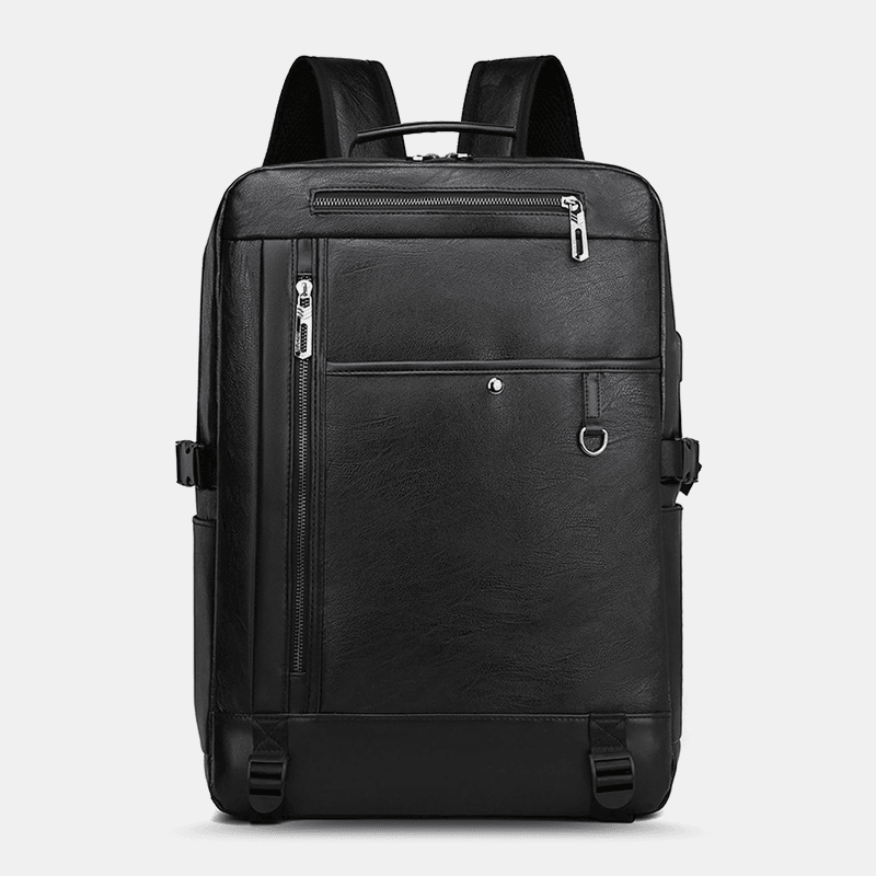 Men USB Charging Multi-Pocket PU Leather Backpack Fashion Casual Large Capacity 15.6 Inch Laptop Bag - MRSLM