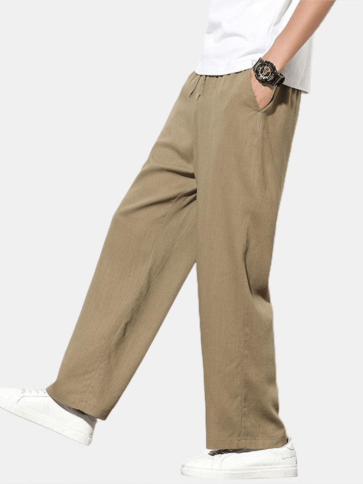 Cotton Mens Solid Color Drawstring Loose Wide Leg Pants with Pocket - MRSLM