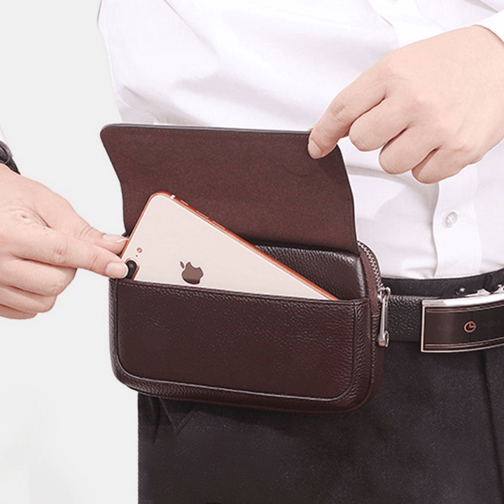 Men Horizontal First Layer Cowhide Large Capacity Waist Bag 6.5 Inch Phone Bag Belt Bag - MRSLM