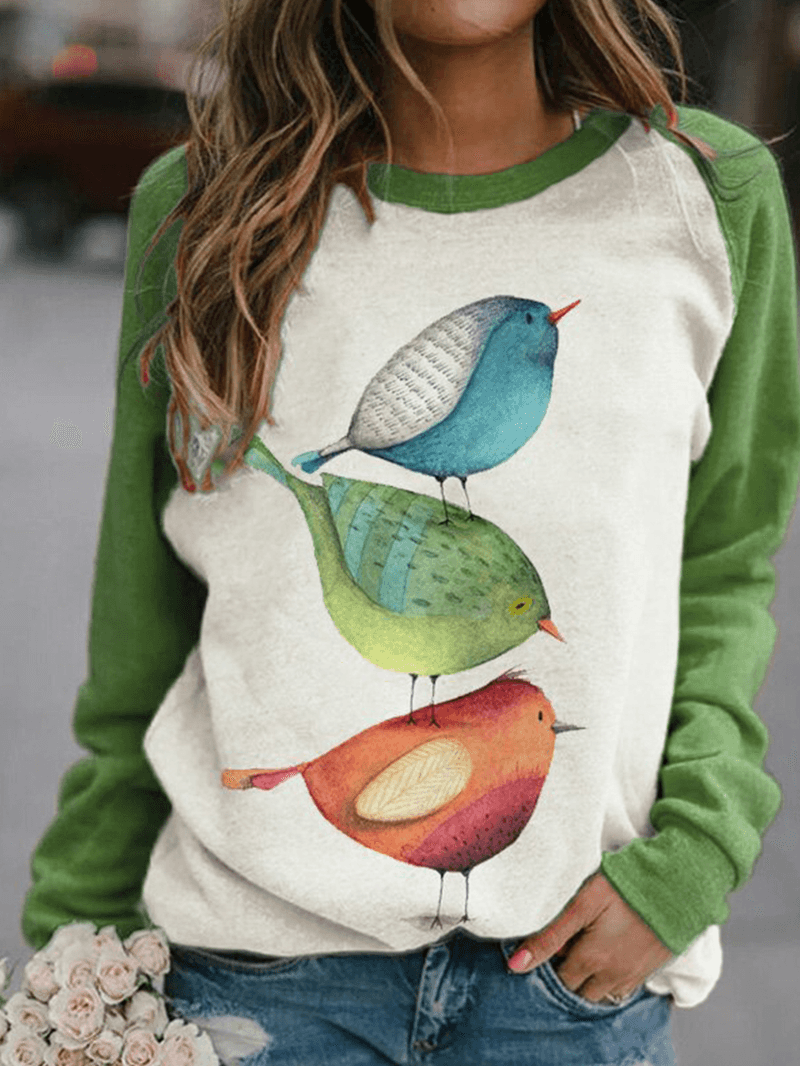 Women Cartoon Bird Print O-Neck Raglan Sleeves Pullover Sweatshirts - MRSLM