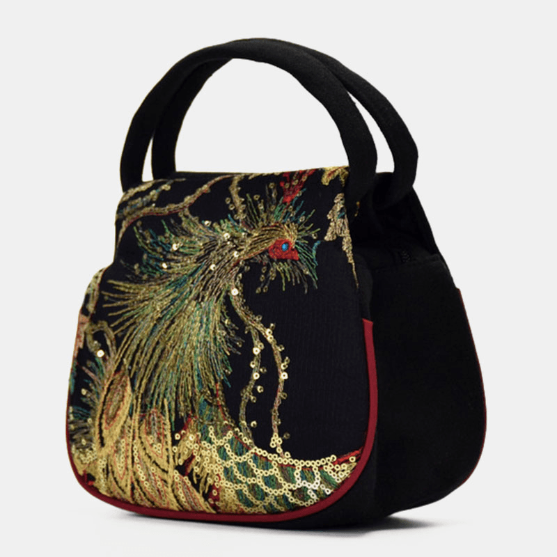 Women Canvas Ethnic Style Embroidery Peacock Pattern Casual Elegant Mini Ladies Handbag - MRSLM