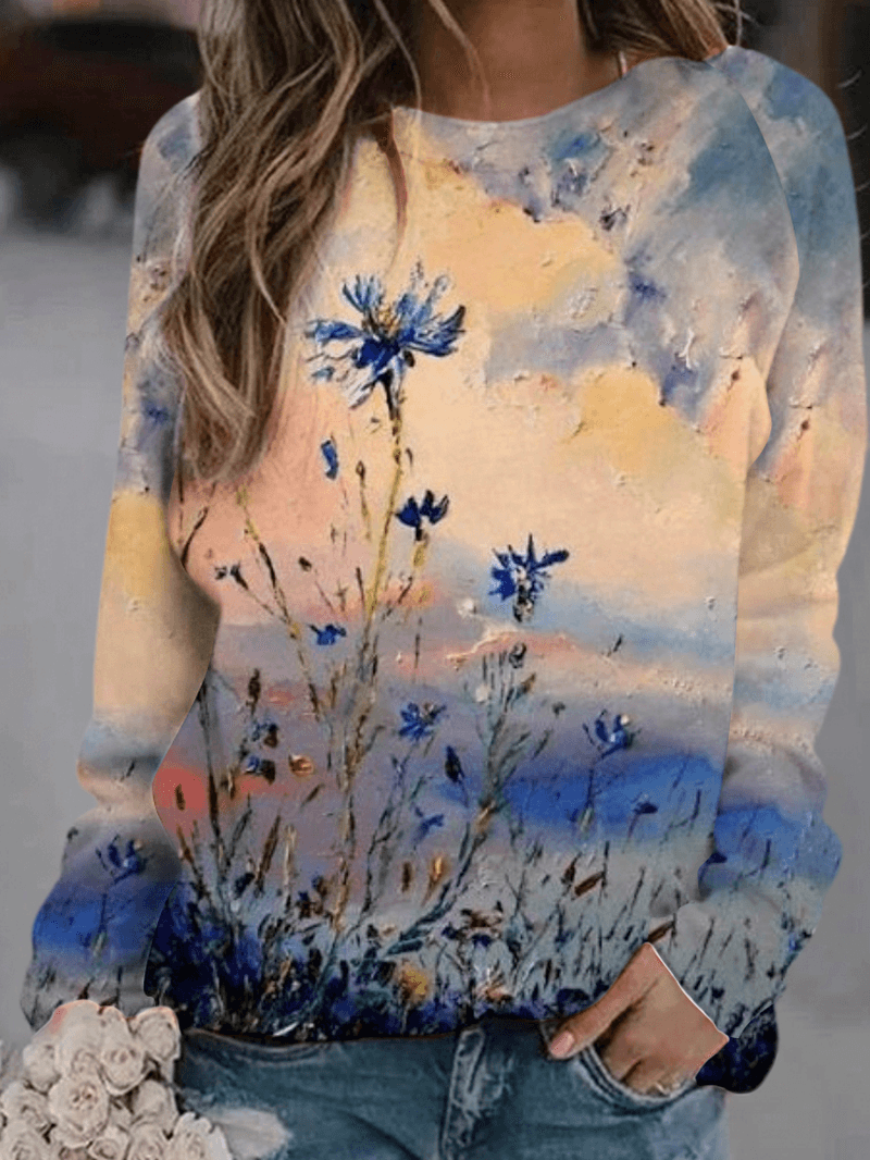Women Floral Sky Landscape Print Long Sleeve Blouses - MRSLM