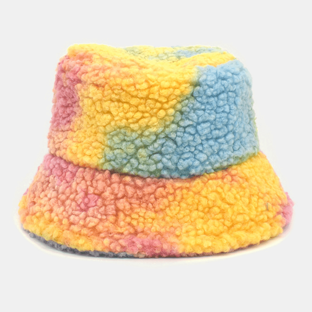 Women Tie-Dye Mix Color Lamb Hair Warm Casual Cute Bucket Hat - MRSLM