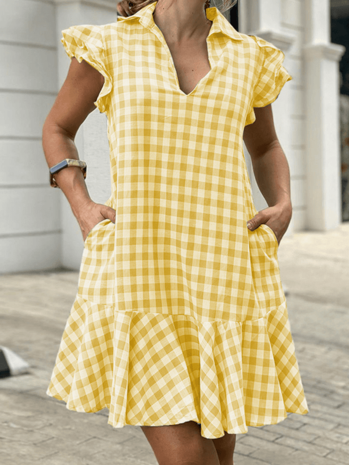 Lapel Plaid Ruffles Side Pocket Summer Dress for Women - MRSLM