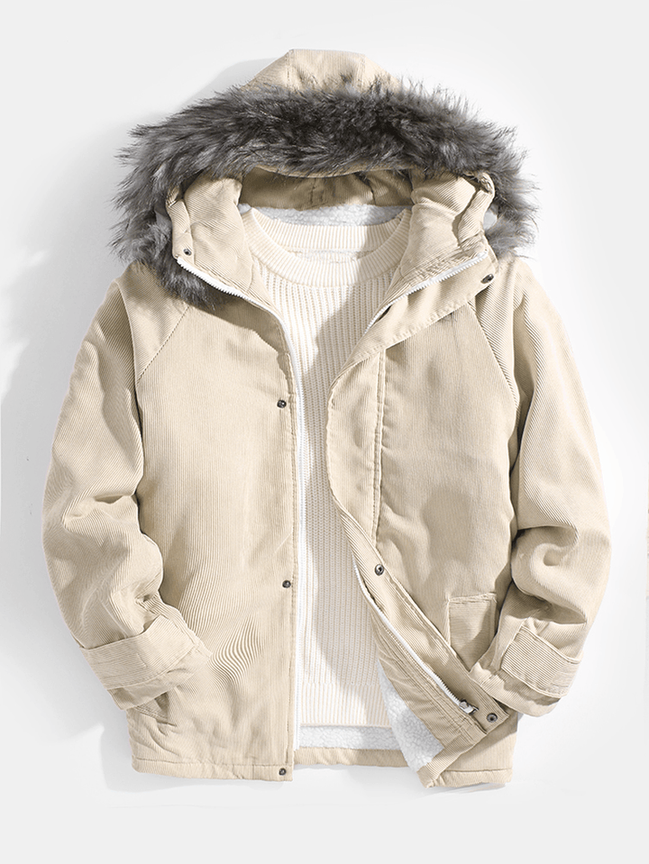 Mens Corduroy Faux Fur Collar Hooded Sherpa Lined Simple Coats - MRSLM