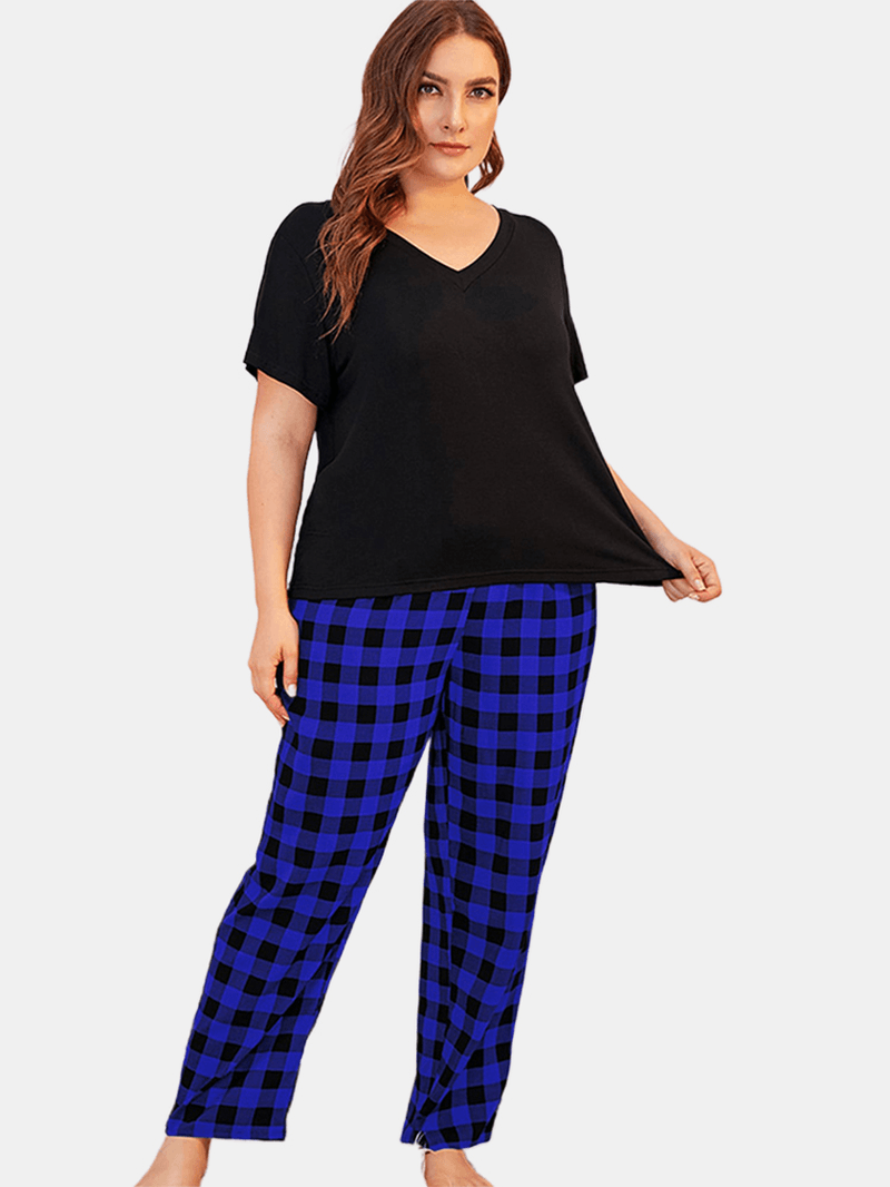 Women plus Size Loungewear Short Sleeve Tops with Striped Pants Casual Pajama Set - MRSLM