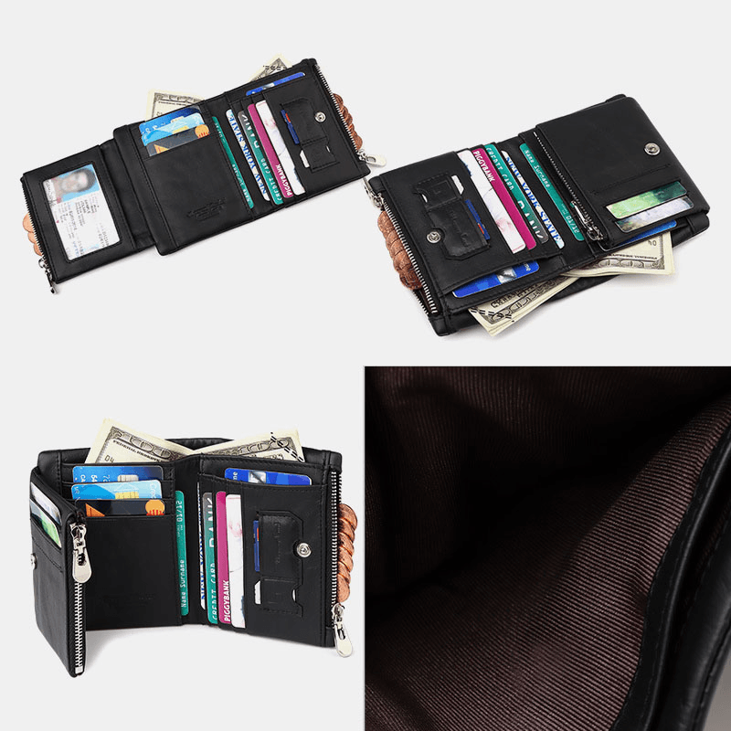 Men Genuine Leather RFID Anti-Theft Zipper Multi-Slot Card Holder Wallet - MRSLM