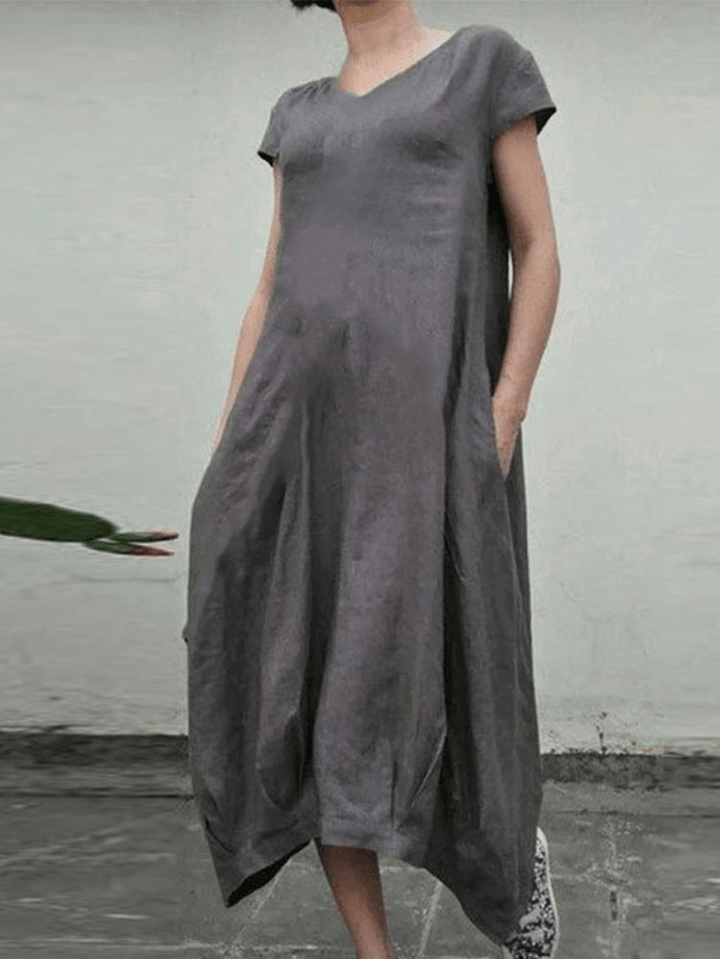 Women Short Sleeve O-Neck Pleated Solid Causal Dress - MRSLM