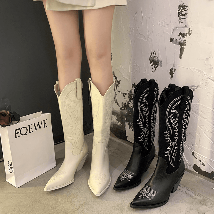 Women Embroidered Pointed Toe Chunky Heel High Cowboy Boots - MRSLM