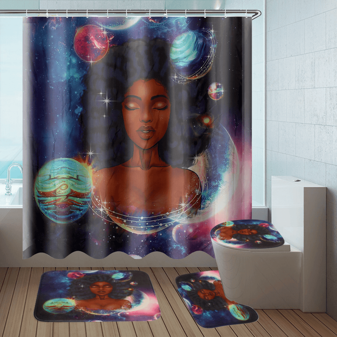 African Girl Waterproof Bathroom Shower Curtain Non-Slip Rug Toilet Cover Bath Mat Set Home Decor - MRSLM