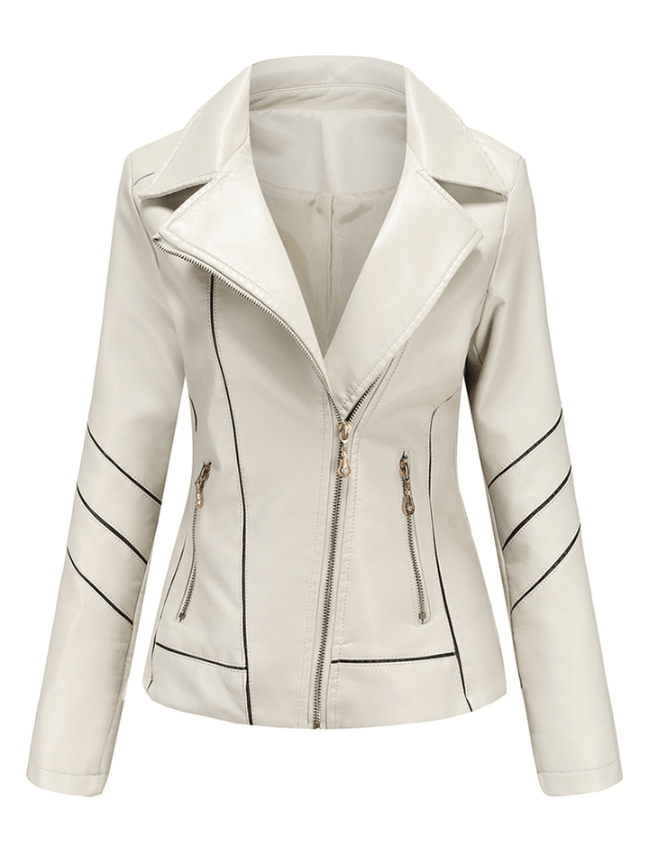 Women Solid Color Faux PU Leather Motorcycle Jacket with Pocket - MRSLM