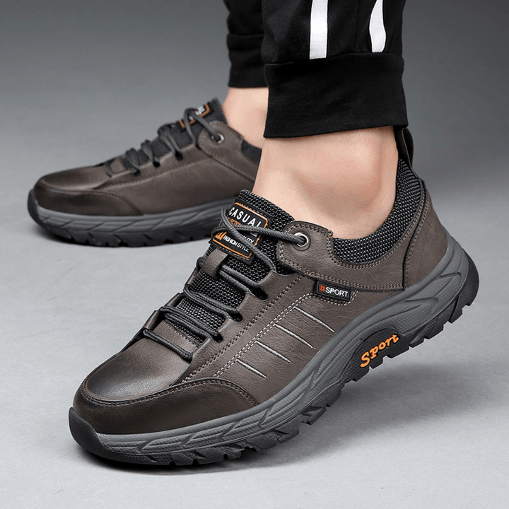 Men Cowhide Leather Breathable Soft Sole Waterproof Non Slip Outdoor Casual Sports Shoes - MRSLM