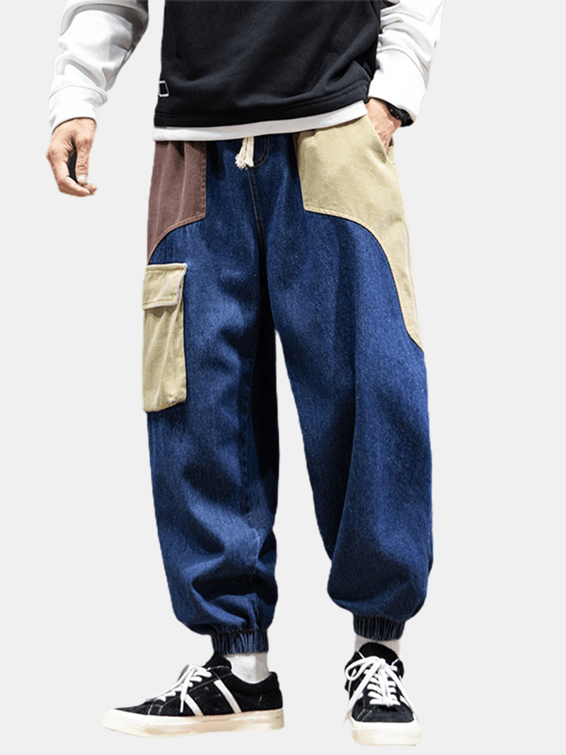 Mens Patchwork Multi Pocket Drawstring Elastic Waist Loose Jogger Jeans - MRSLM
