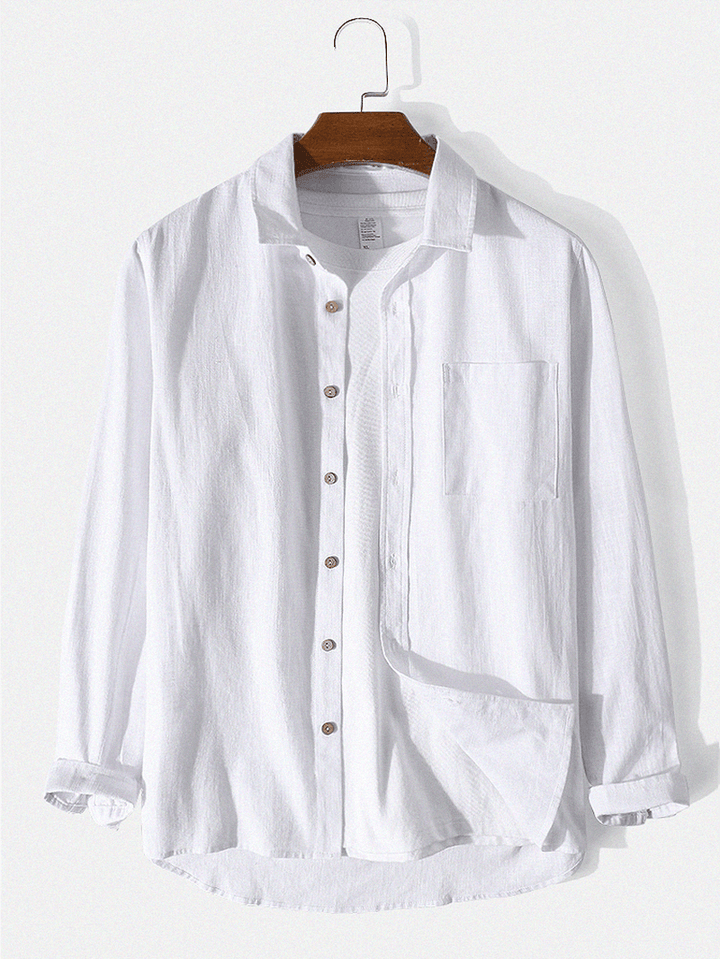 Mens 100% Cotton Button up Long Sleeve Solid Color Shirts with Pocket - MRSLM
