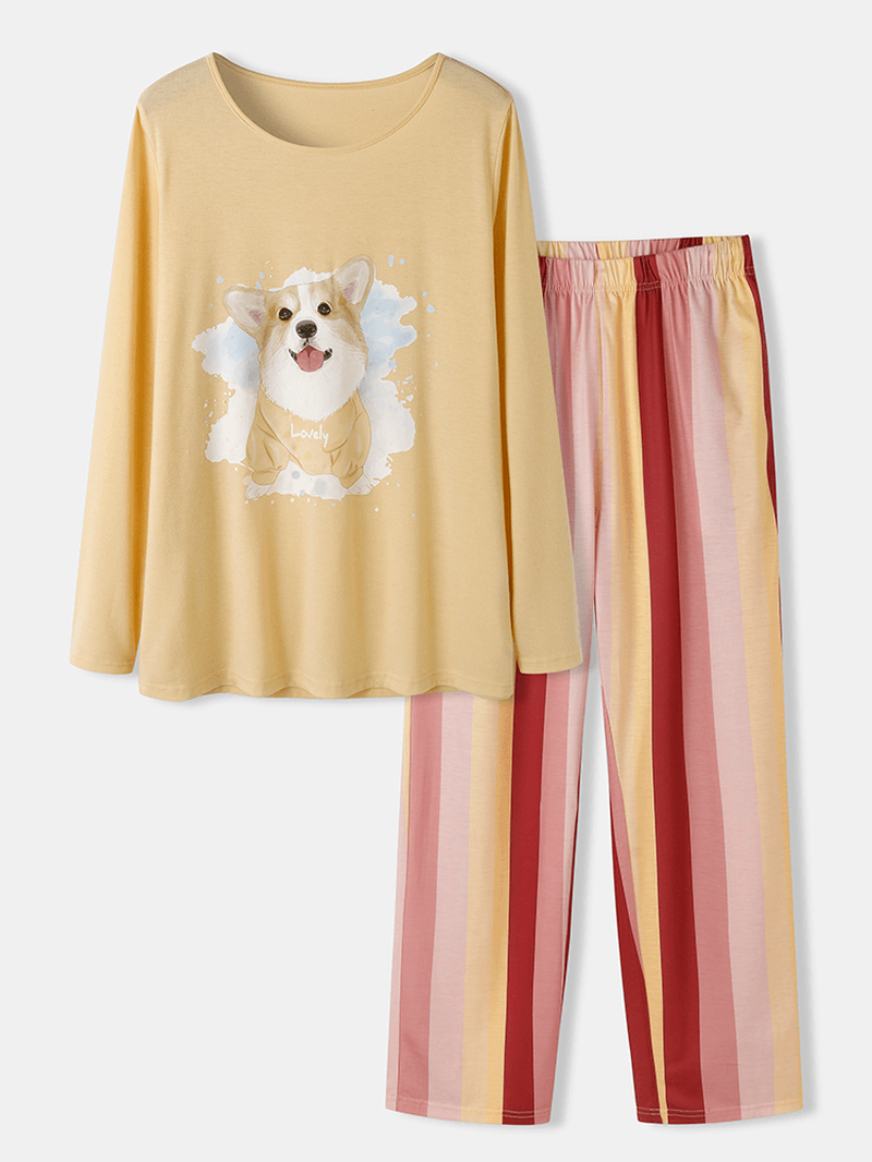 Plus Size Women Dog Print Striped Pants Loose Long Sleeve Loungewear Pajamas Sets - MRSLM