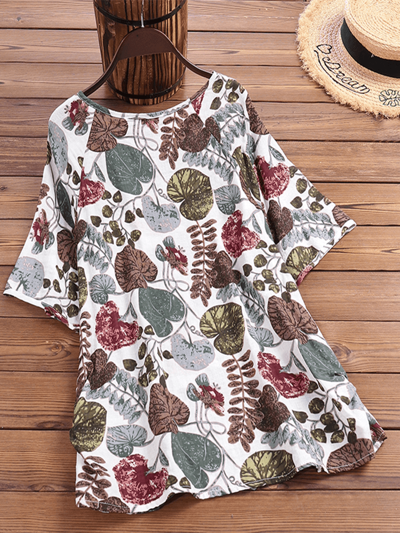 Women Plant Leaf Print round Neck Casual Relaxed Half Sleeve Blouses - MRSLM