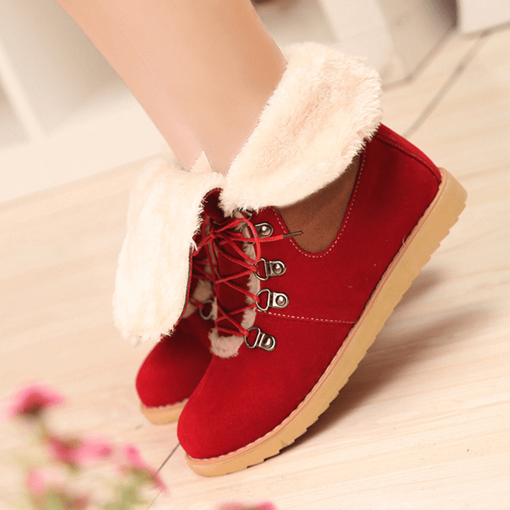 US Size 5-12 Winter Women Flat Boots Keep Warm Casual Lace up Snow Boots - MRSLM