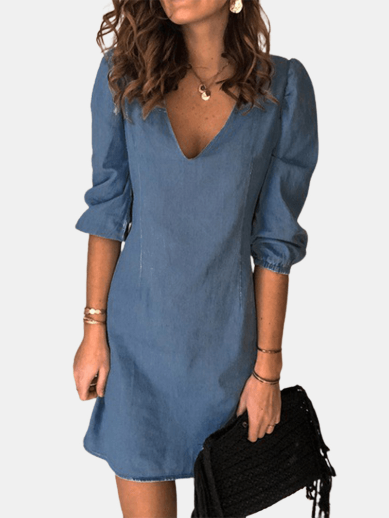 V-Neck Denim Mini Shirt Dress with 3/4 Sleeves for Women - Casual and Chic - MRSLM