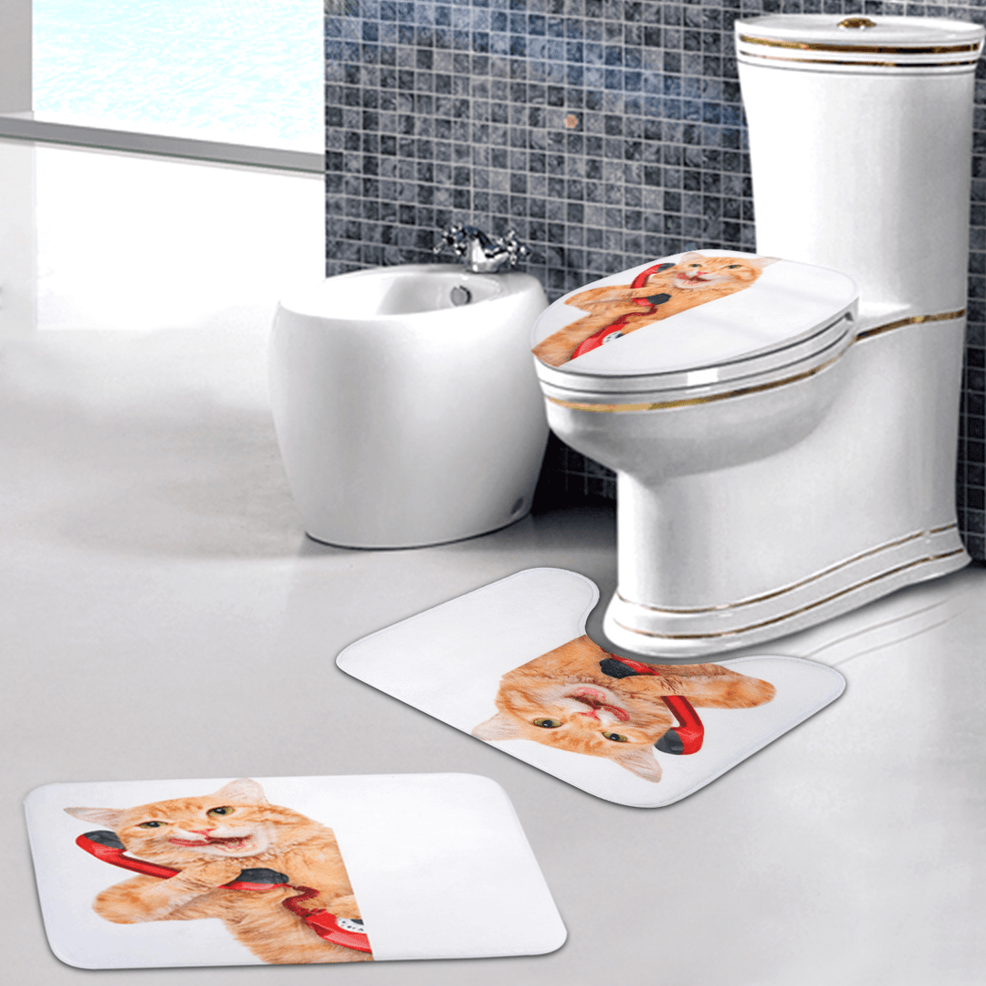 3PCS Toilet Seat Covers Funny Cat Bathroom Soft Pedestal Rugs Lid Toilet Covers Bath Mats Carpets - MRSLM