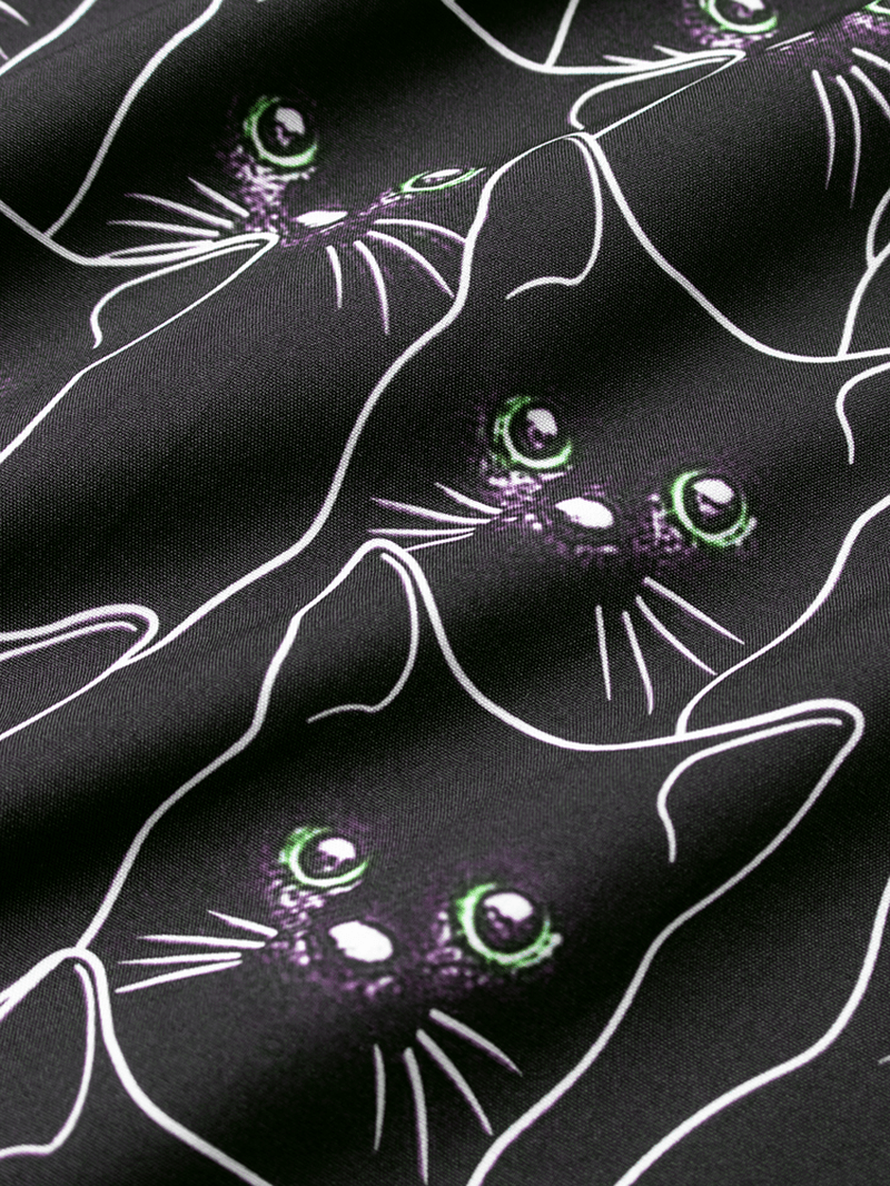 Mens Cartoon Black Cat Print Light Casual Short Sleeve Shirts - MRSLM
