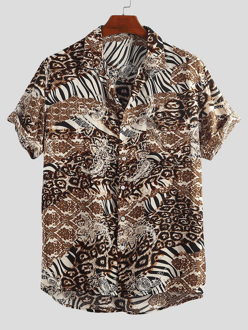 Men Leopard Print Short Sleeve Holiday Party Relaxed Shirts - MRSLM