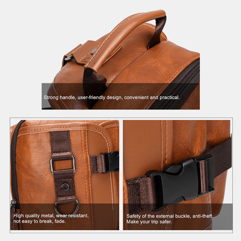 Men PU Leather Large Capacity Multifunction Headset Hole USB Charging Short Trip Sling Bags Crossbody Bag Chest Bag - MRSLM