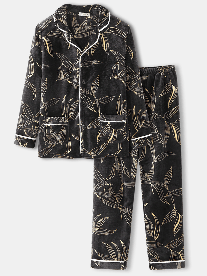Mens Thick Leaves Print Revere Collar Long Sleeve Pocket Shirt Warm Home Pajama Set - MRSLM