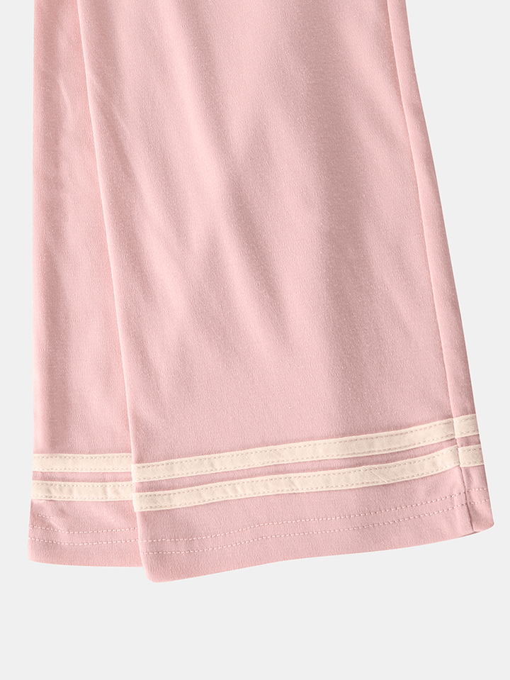 Women Smile Face Print Drop Shoulder Striped Cuff Cotton Pullover Pajamas Sets - MRSLM