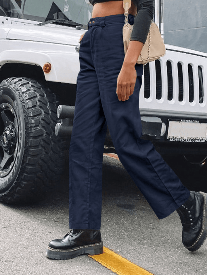Women Solid Color Mid Waist Casual Straight Cargo Pants with Pockets - MRSLM