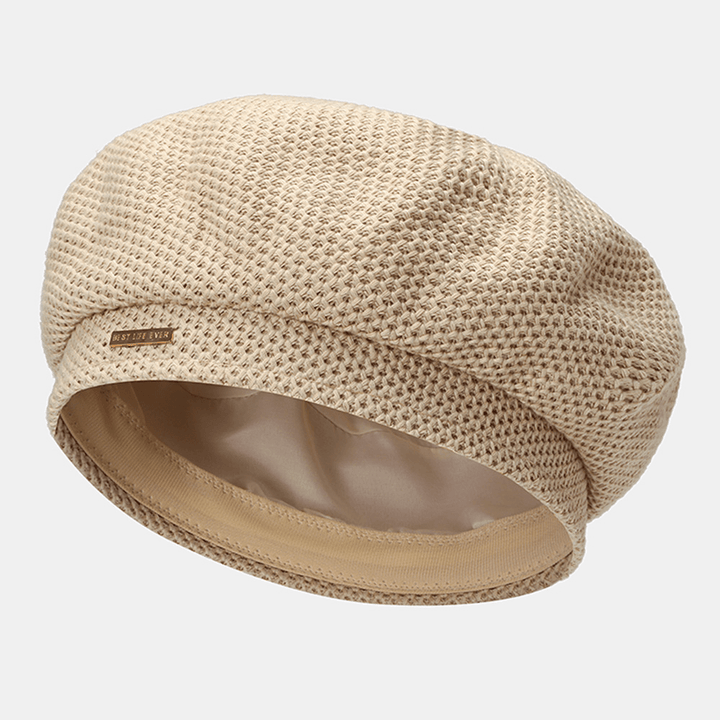 Women Cotton Mesh Breathable Metal Label Knitted Hat Fashion Wild Adjustable Beret Cap Painter Hat - MRSLM