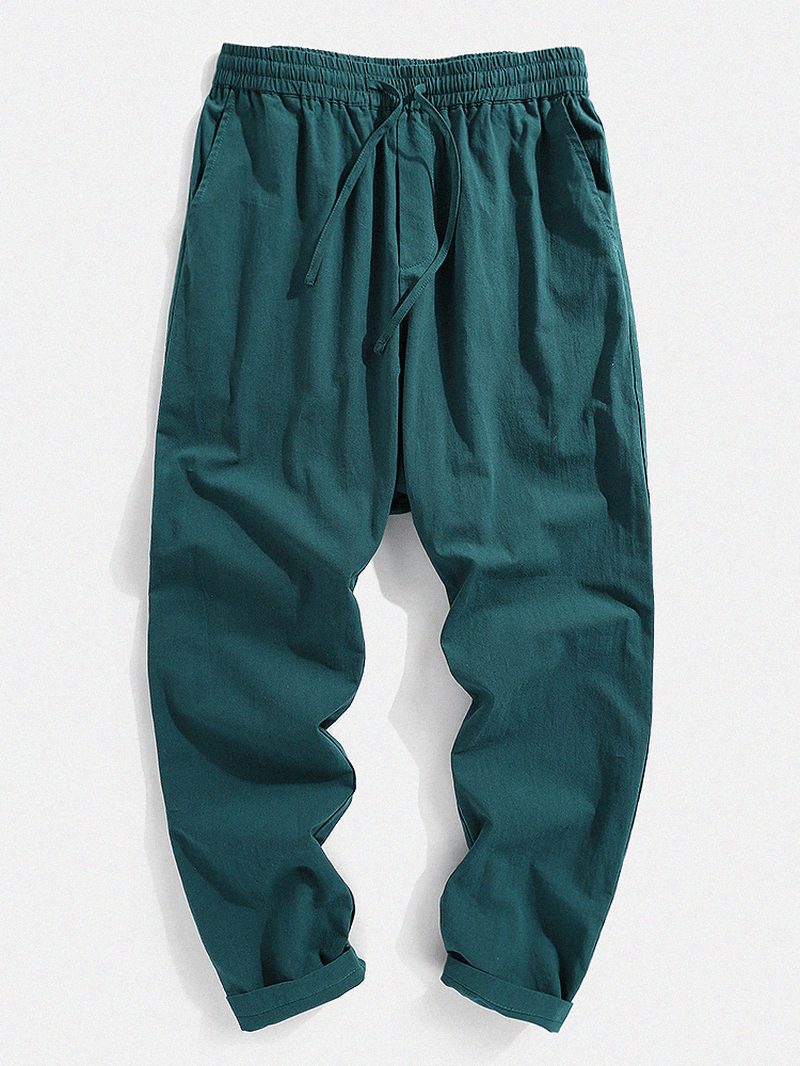 Mens 100% Cotton Solid Color Baggy Casual Drawstring Pants - MRSLM