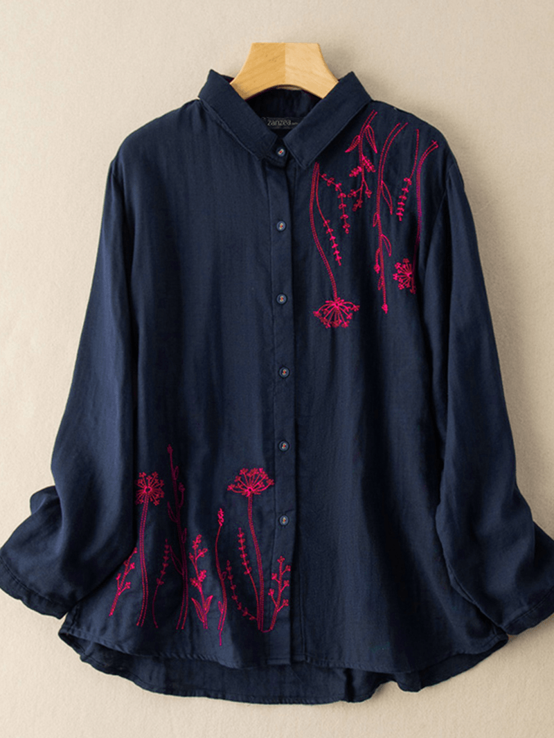 Women Puff Sleeve Flowers Printed Embroidery Button Stand Collar Shirt - MRSLM