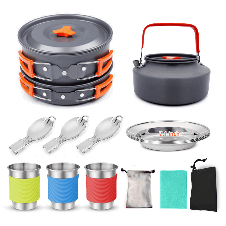 Barbhorse Outdoor Picnic Tableware Camping Pot Trekking Stove Pieces Set Pot + Plates + Kettle + Cups + Forks Cooking Frying Tools - MRSLM