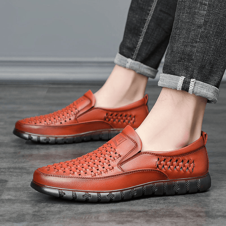 Men Microfiber Breathable Hollow Out Woven Soft Sole Comfy Slip on Casual Shoes - MRSLM