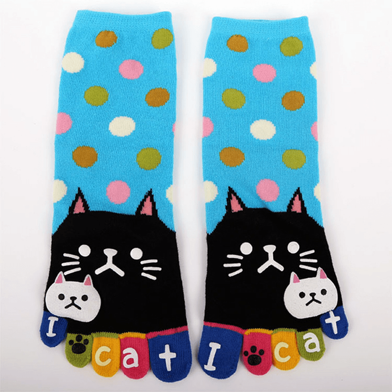 Women Cute Cartoon Cat Five Toes Socks Thick Warm Middle Tube Sock - MRSLM