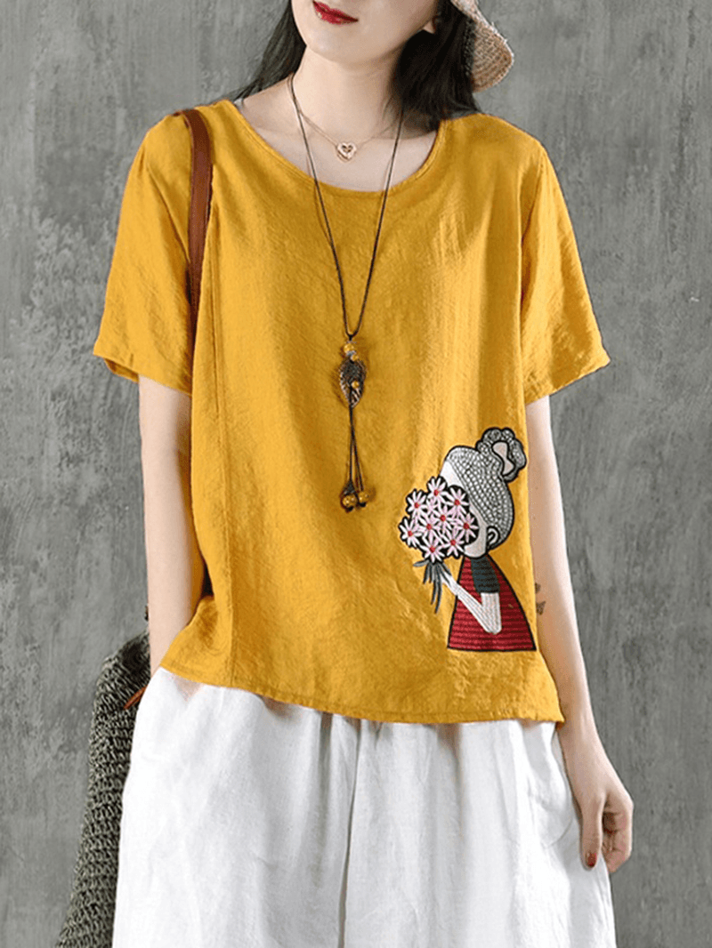 Women Cartoon Embroidery Cotton Short Sleeve T-Shirts - MRSLM