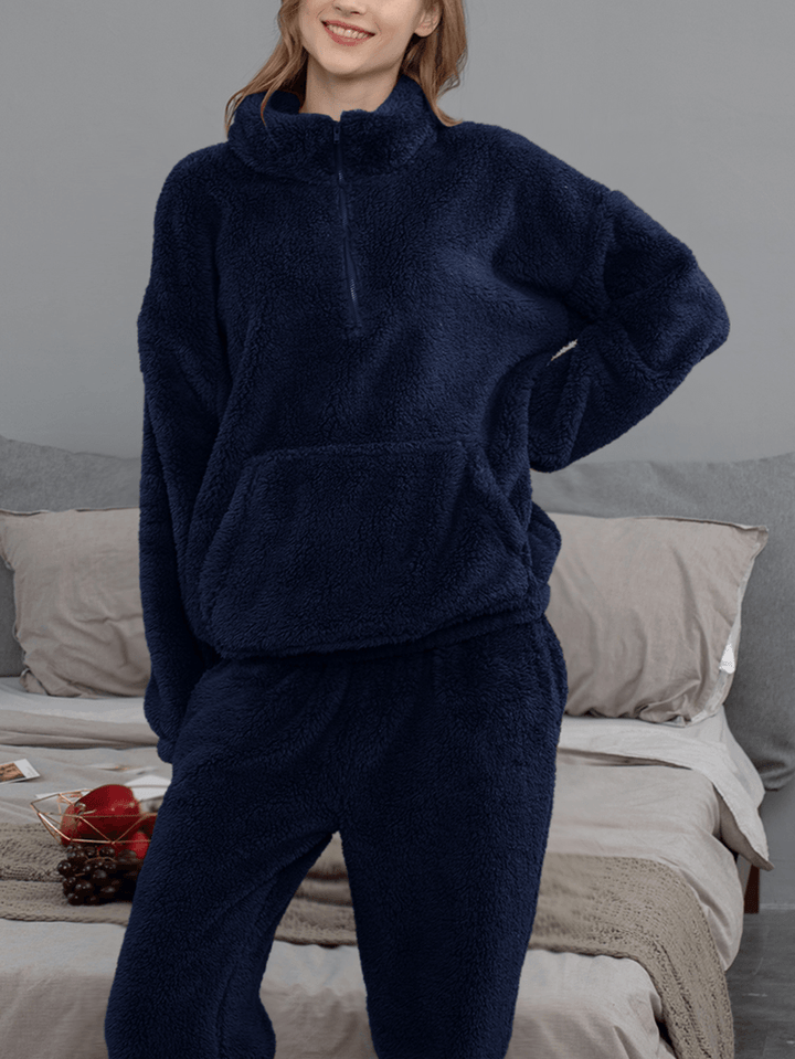 Women Solid Color Plush Fluffy Kangaroo Pocket Pullover Jogger Pants Home Pajama Set - MRSLM