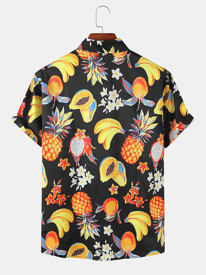 Mens Tropical Fruit Print Light Casual Thin Lapel Short Sleeve Shirts - MRSLM