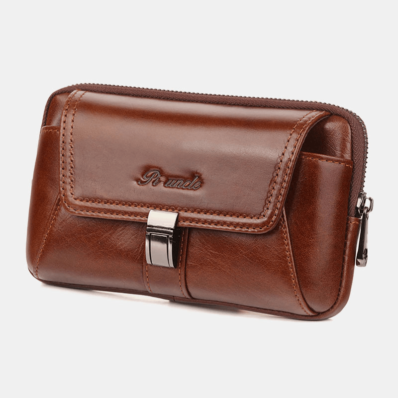 Men Genuine Leather Large Capacity Retro 6.3 Inch Phone Bag Waist Bag Multifunction Horizontal Belt Bag - MRSLM