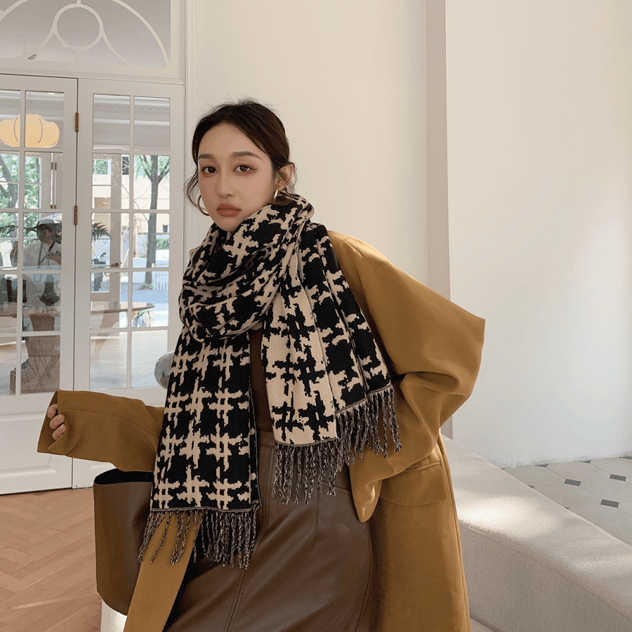 Long Fringed Thick Houndstooth Large Shawl Women 2021 Long Temperament Warmth Scarf - MRSLM