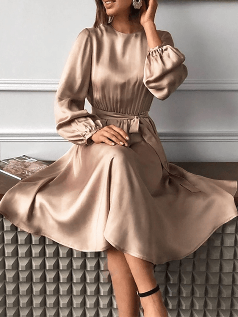 Women Puff Sleeve O-Neck Solid Pleated Casual Stylish Fitting Dress - MRSLM