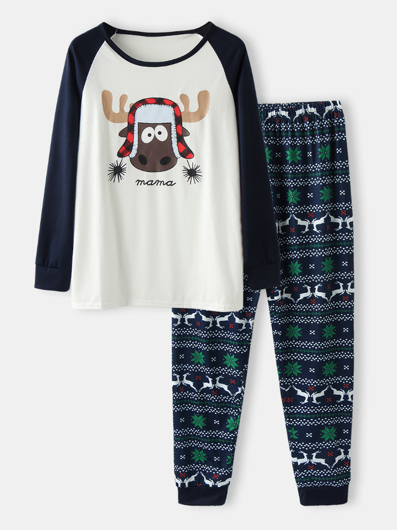 Women Cartoon Elk Print Raglan Sleeves Top Print Elastic Waist Pants Home Christmas Pajama Set - MRSLM