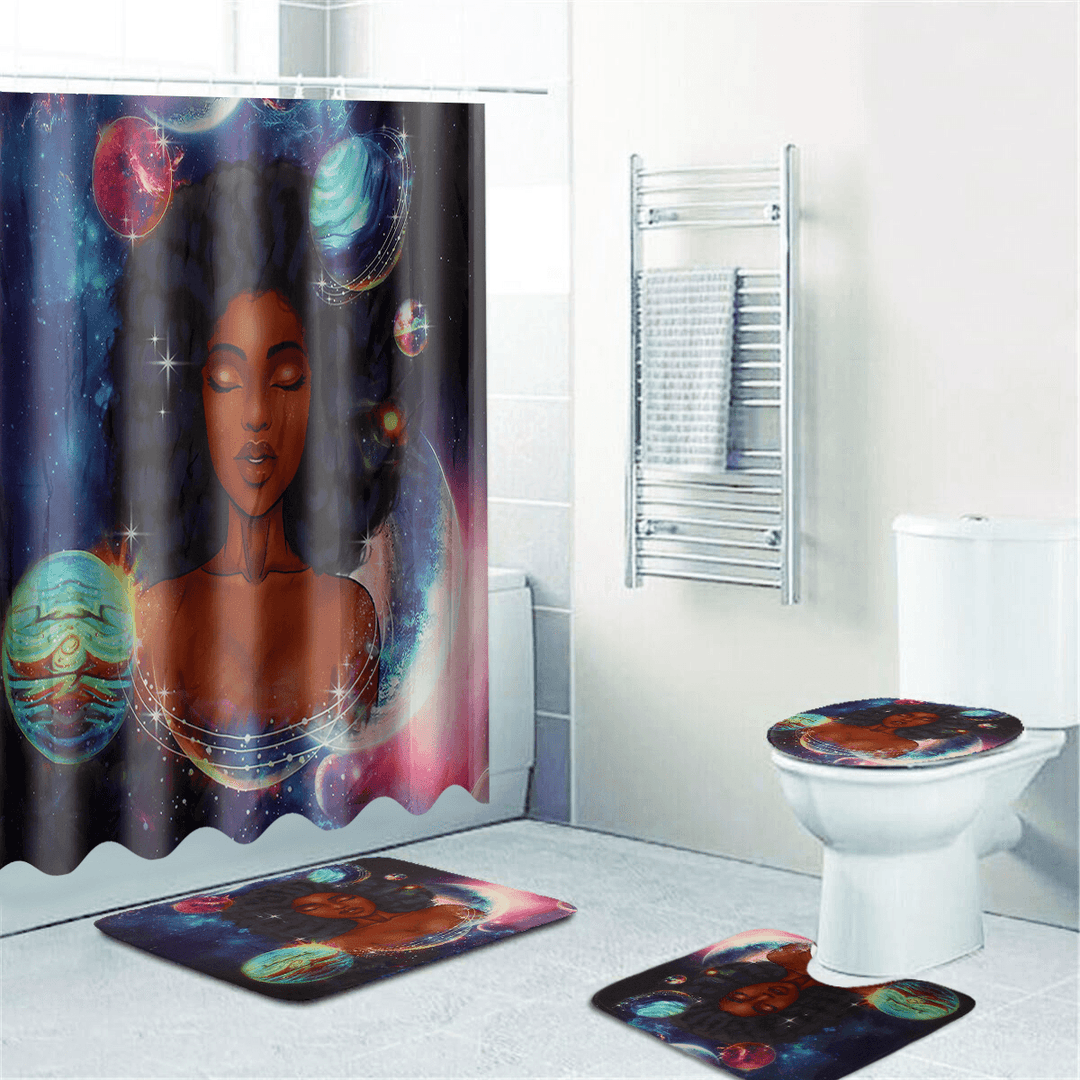 African Girl Waterproof Bathroom Shower Curtain Non-Slip Rug Toilet Cover Bath Mat Set Home Decor - MRSLM