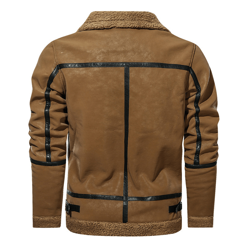 Men'S European and American Style Lapel plus Velvet Leather Jacket - MRSLM