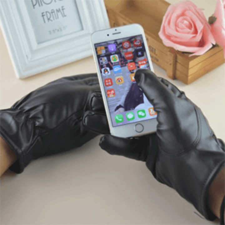 Men Faux Leather Waterproof plus Velvet Screen Touchable Riding Sport Outdoor Full-Finger Gloves - MRSLM